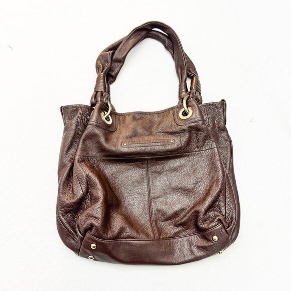 B. Makowsky Chocolate Brown Pebbeled Leather Gold Accents Two Straps Purse/Bag - Picture 3 of 6